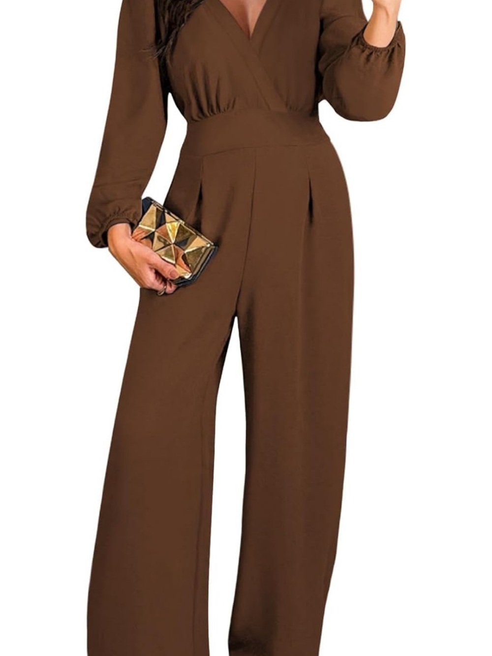 Women's Brown Long Sleeve Wide-Leg Jumpsuit